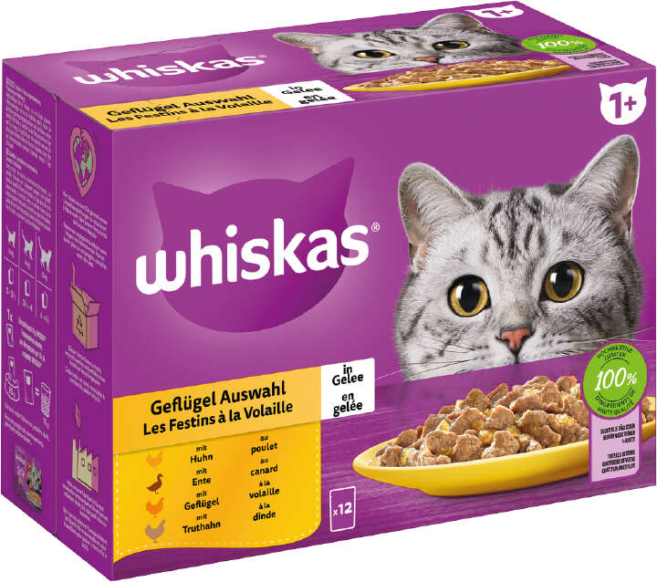 whiskas Katzen-Nassfutter Multipack 1+ Geflügel Auswahl in Gelee 12x85g